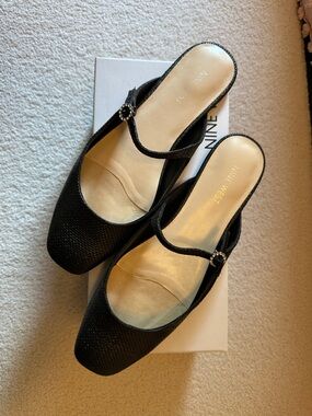 Nine West Black Square-Toe Slip-On Mules with Decorative Buckle-Never Worn